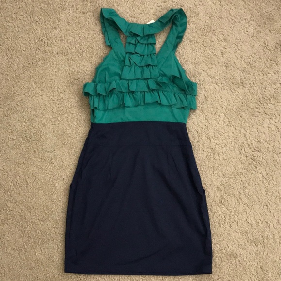 NWT A’gaci Green & Navy Ruffle Dress with Pockets - Picture 2 of 3
